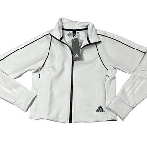 Adidas Womens Small White Stretch Full Zip Cropped Athletic Track Jacket NWT